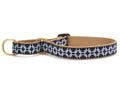 Martingale dog collar with navy fabric and blue geometric grid pattern, brass ring