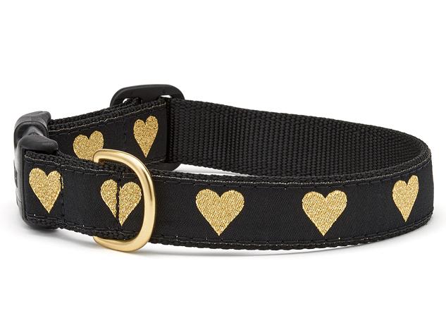 Black dog collar with gold heart pattern and gold buckle