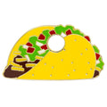 Taco-shaped pet ID tag with bright yellow enamel and green/red toppings, metal ring