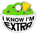 Green burger-shaped dog tag with bold text "I KNOW I'M EXTRA" and round hole