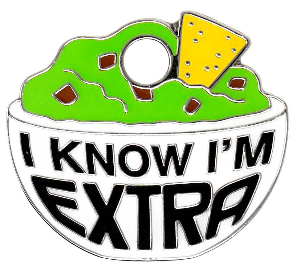 Green burger-shaped dog tag with bold text "I KNOW I'M EXTRA" and round hole