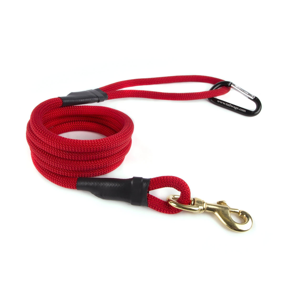 Red rope dog leash with black grips and gold clasp hardware, looped handle