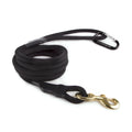 Black rope dog leash with braided handle and gold-tone metal clip