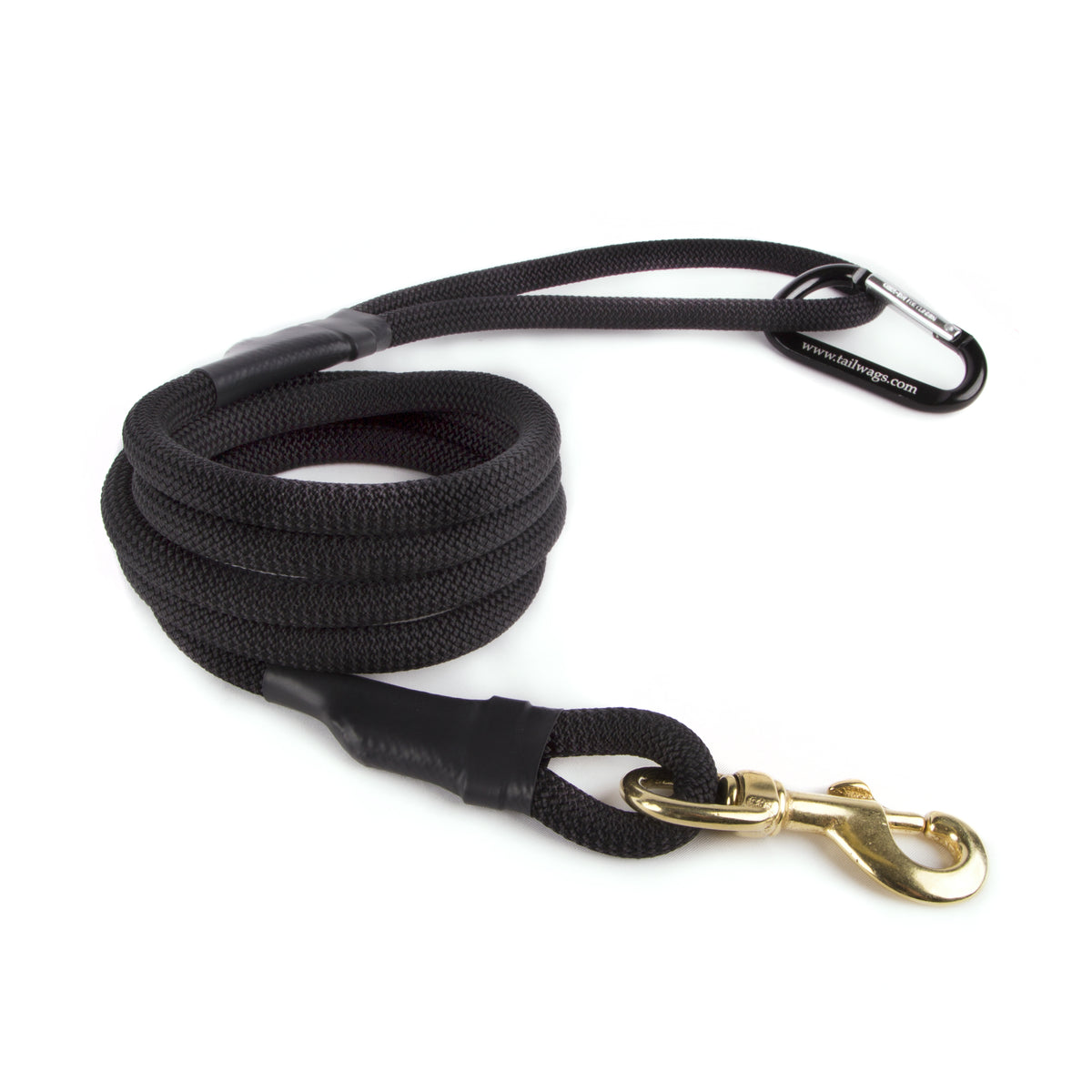 Black rope dog leash with braided handle and gold-tone metal clip