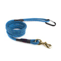 Blue braided rope dog leash with black handle grips and brass leash clip