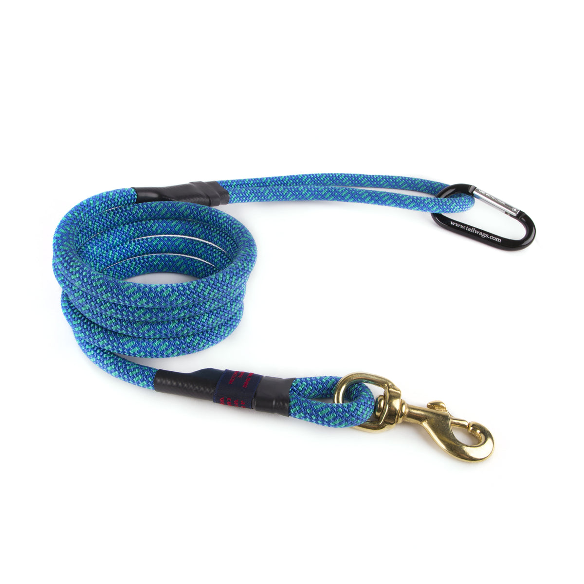 Blue braided rope dog leash with black handle grips and brass leash clip