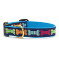 Dog collar with blue webbing and bone pattern, adjustable buckle and D-ring