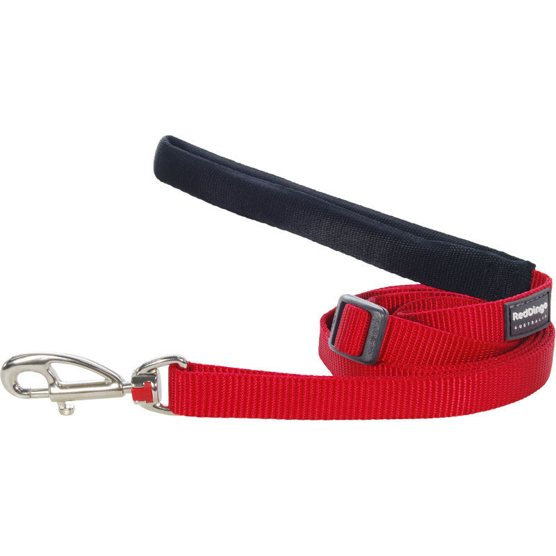 Red Dingo red dog leash with metal clip and black-banded handle