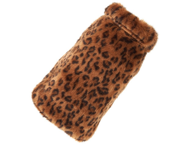 Leopard-print faux fur dog coat with fluffy tan collar