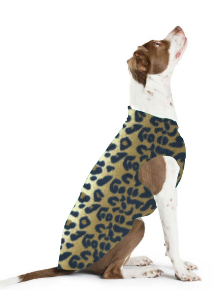 Leopard-print fleece dog coat with brown paw patch and open back