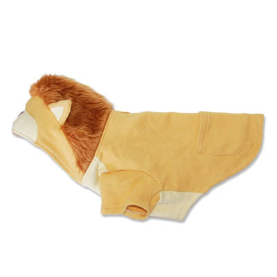 Folded lion dog costume: yellow outfit with plush brown mane hood and sleeves
