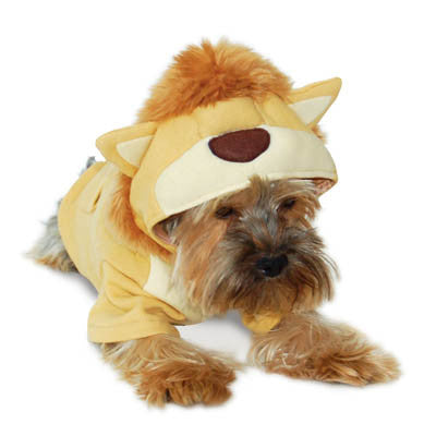Lion dog Halloween costume with yellow hood, plush brown mane, and white face patch