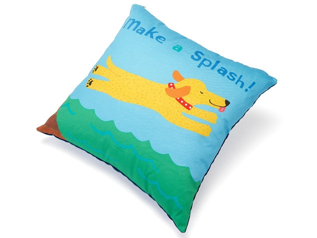 Accent pillow cover, light blue with 'make a splash' text and duck beach print