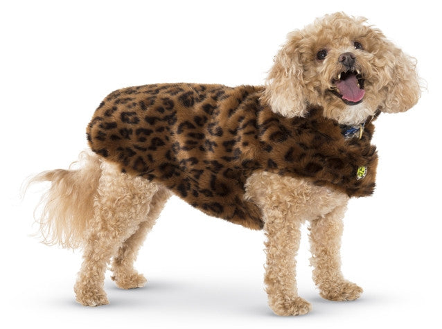 Dog wearing leopard-print faux fur coat with plush full-body fit