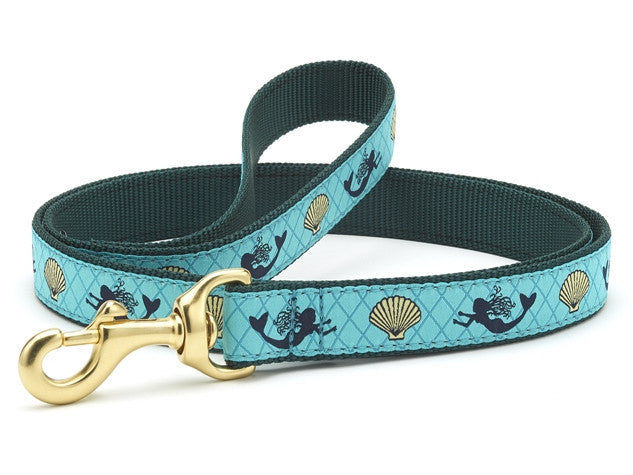 Mermaid-themed dog leash, turquoise shell print with green strap and gold swivel clasp