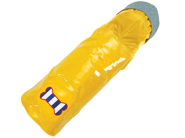 Yellow rain slicker dog coat with blue and red bone patch