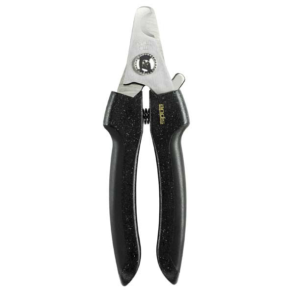 Andis pet nail clippers with black handles and silver safety guard blade