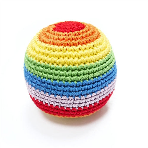Crocheted rainbow striped dog toy ball with spiral ribbed pattern