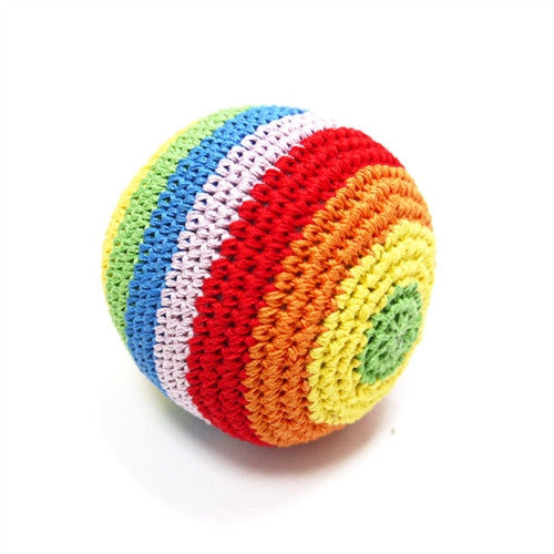 Crocheted rainbow striped dog toy ball, round with spiral rows