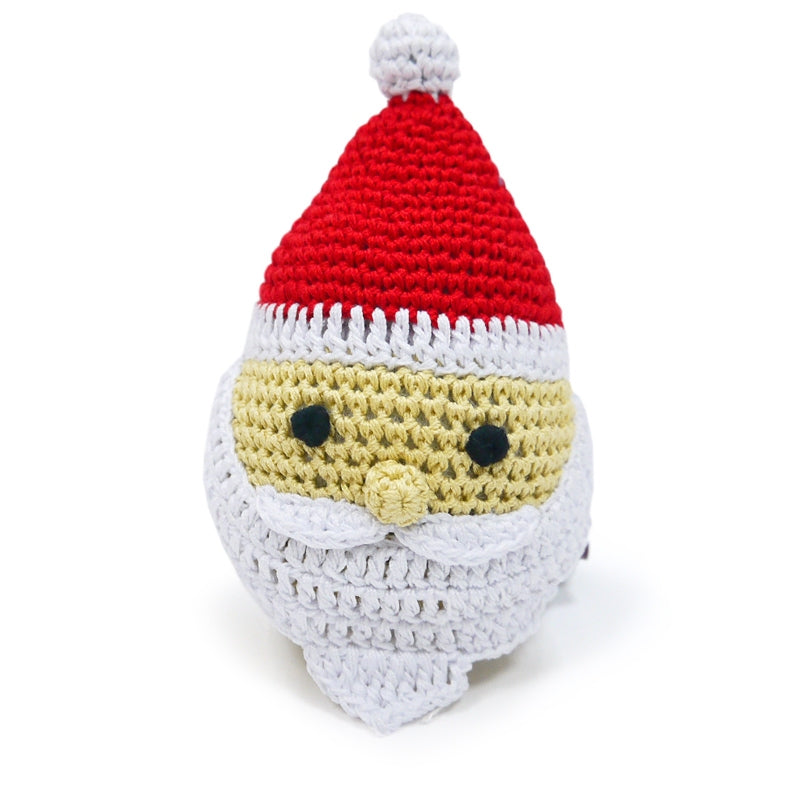 Crocheted Santa dog toy with squeaker, red hat and yellow face with black eyes