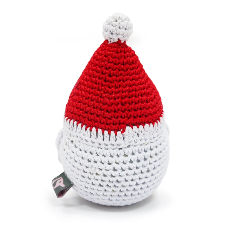Crocheted Santa dog toy with squeaker, red top and white crocheted body