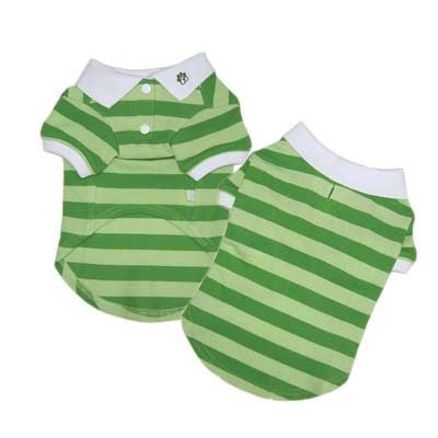 Green-and-white striped dog polo shirt with button-front and white collar