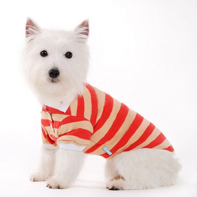 Dog polo shirt with red-and-tan horizontal stripes, polo collar, short sleeves