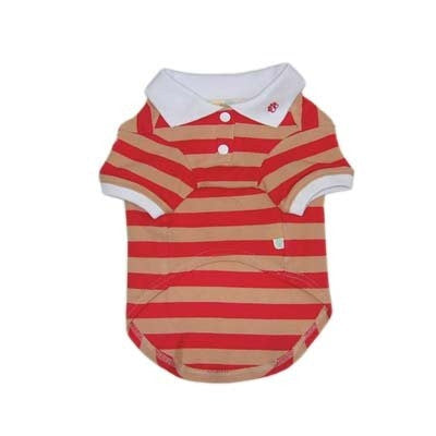 Red-and-tan striped dog polo shirt with white collar and button placket