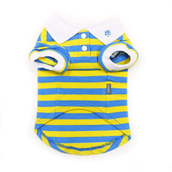 Dog polo shirt with yellow and blue horizontal stripes, white collar and button placket.