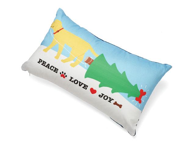 Blue and gray decorative accent pillow with Peace Love Joy text and heart icons.