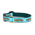 Teal dog collar with pinecone pattern and green trim, brass buckle