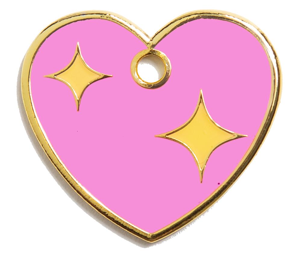 Pink heart dog tag close-up with gold rim, two yellow stars, and round top loop