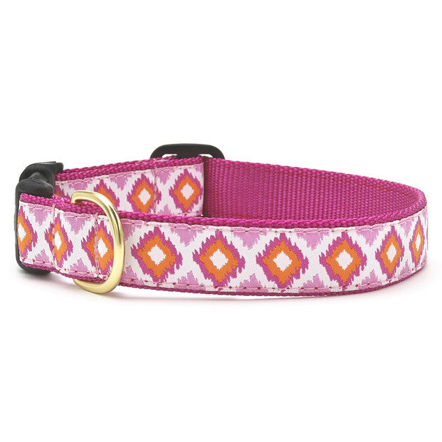 Pink woven dog collar with diamond-patterned trim and gold-tone buckle
