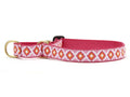 Pink martingale dog collar with patterned webbing and brass buckle