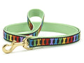 Light green dog leash with patterned trim and brass metal clasp