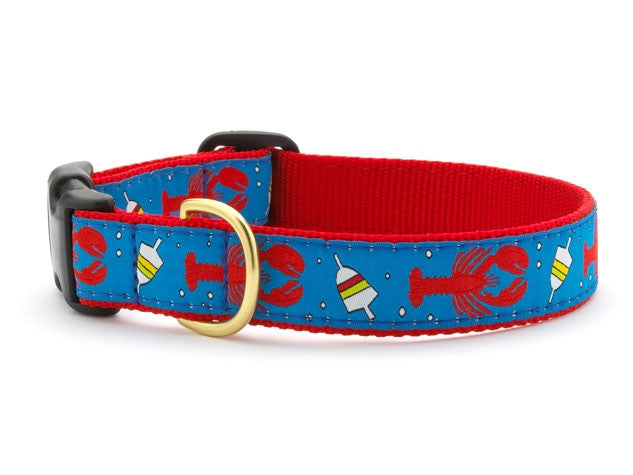 Red dog collar with blue lobster and buoy print and metal buckle