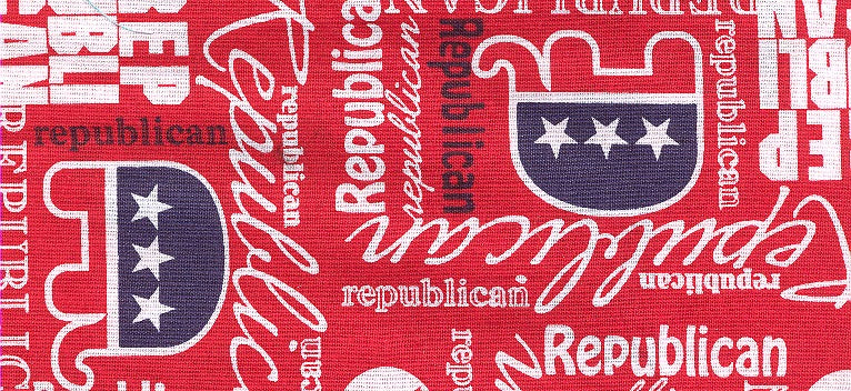Close-up red dog collar fabric with 'Republican' print and white stars blue emblem