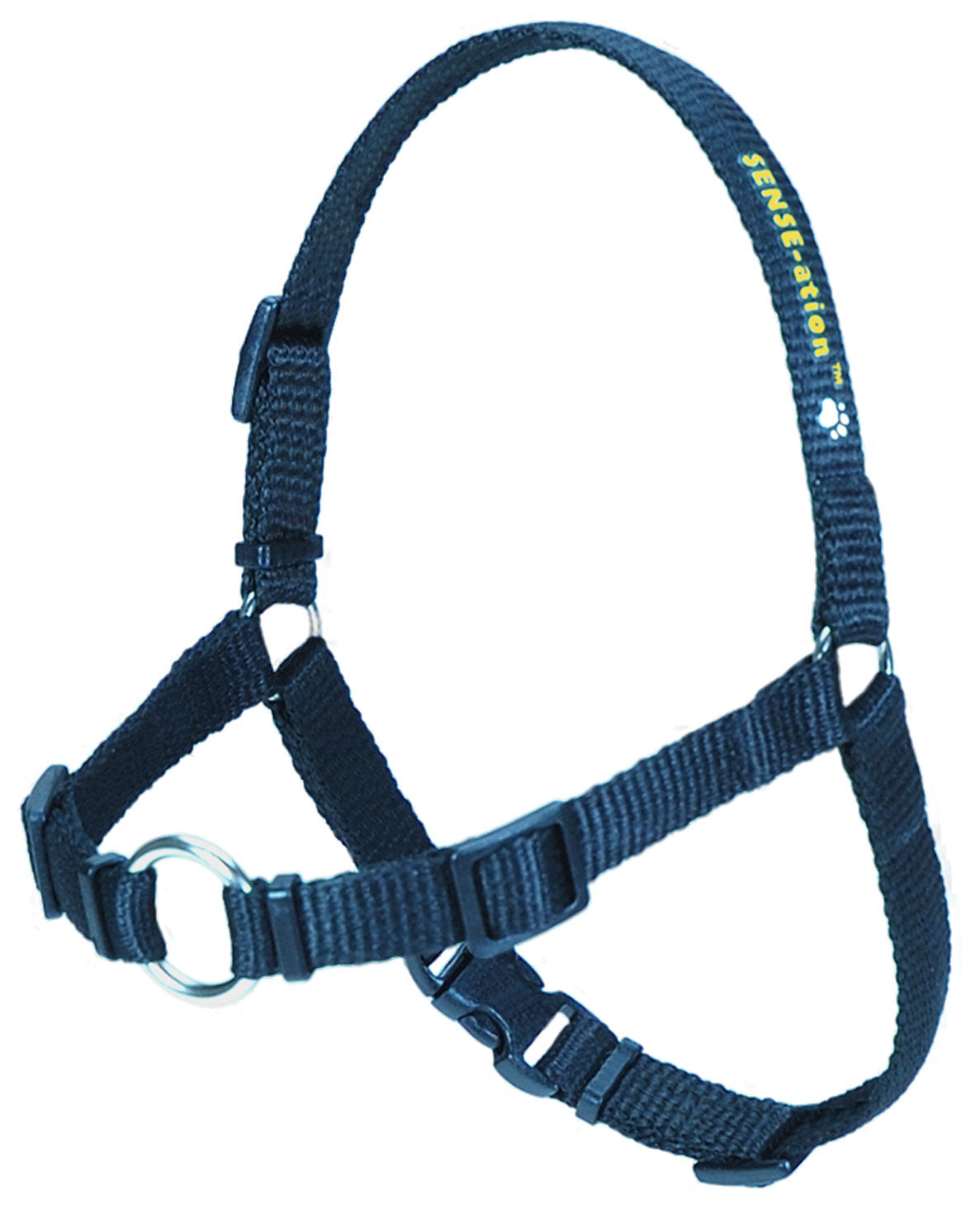 Navy dog harness with front buckle and adjustable neck and chest straps