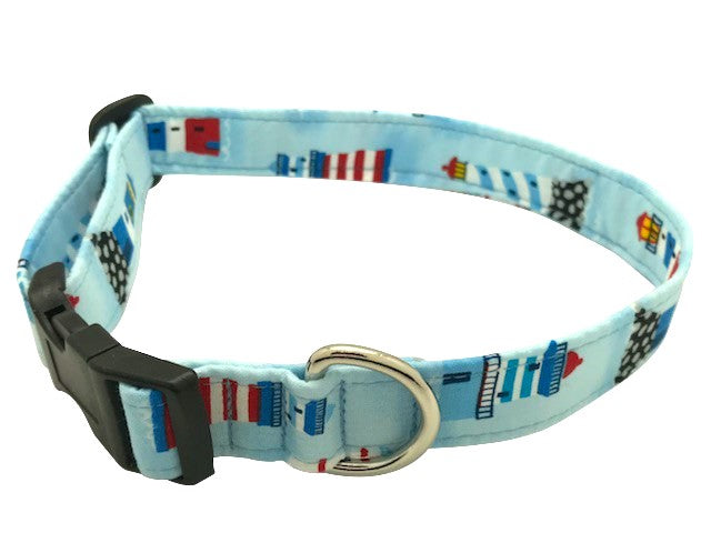 Light blue patterned fabric dog collar with metal D-ring and buckle