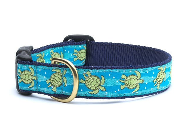 Sea turtle dog collar with turquoise patterned strap and navy webbing, metal D-ring