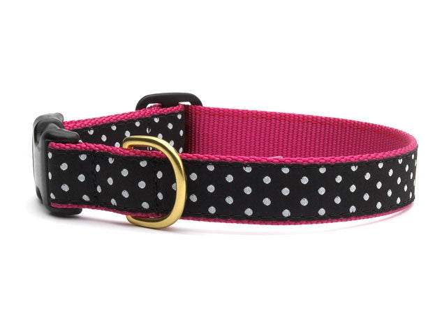 Two-tone dog collar with black white dot pattern and magenta strap, brass buckle