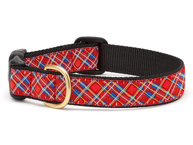 Up Country Stewart plaid dog collar, red blue grid with black webbing and gold buckle