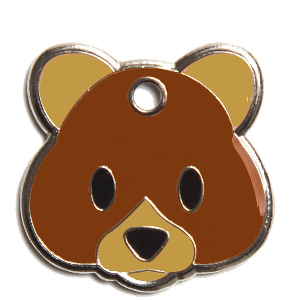 Brown teddy bear head dog ID tag with silver border and hanging hole