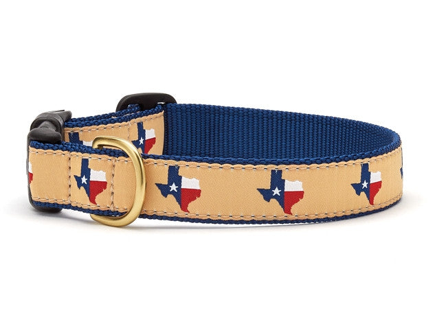 Texas-themed dog collar with navy edges, tan panel, brass buckle and keeper strap