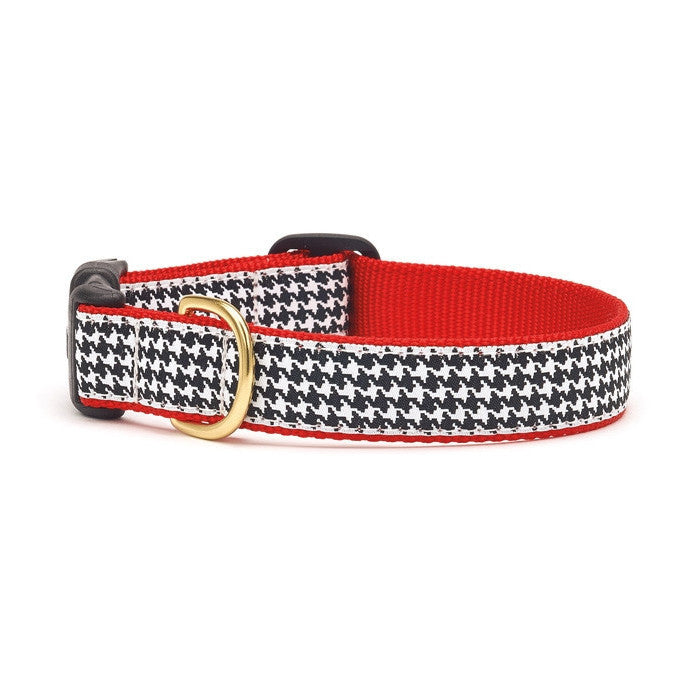 Black houndstooth dog collar with red lining and gold-tone buckle