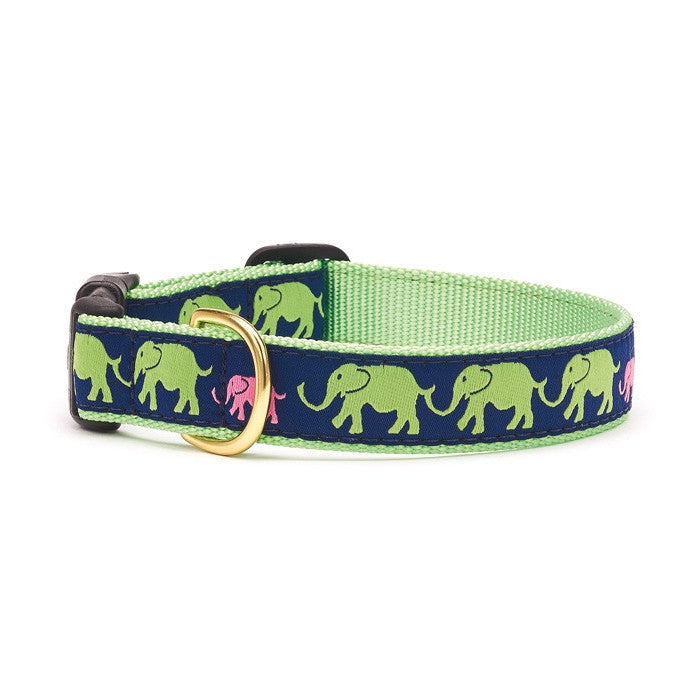 Up Country Leader of the Pach dog collar, green with navy elephant pattern and brass D-ring