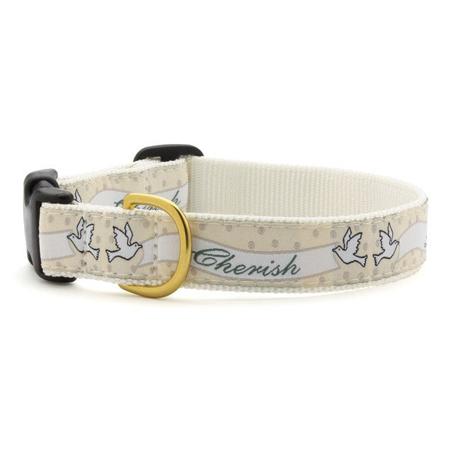 Wedding dog collar in beige fabric with 'Cherish' text and leaf/branch border, gold buckle