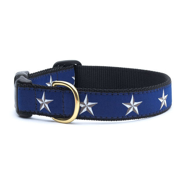 Blue dog collar with silver star pattern, gold buckle and D-ring