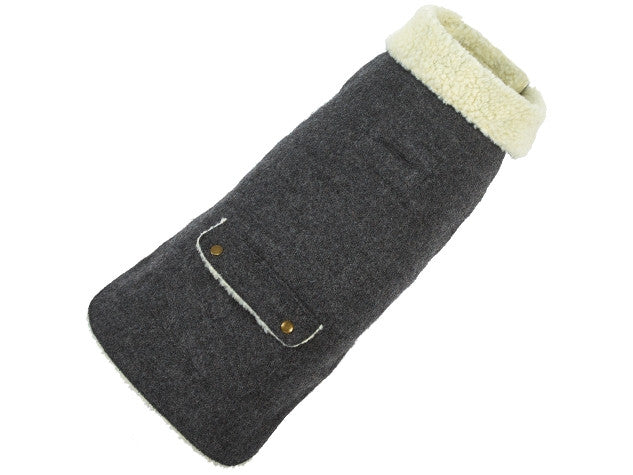 Dark grey wool dog coat with cream sherpa collar and two-button front