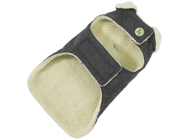 Dark grey wool dog coat with cream sherpa lining and chest badge patch
